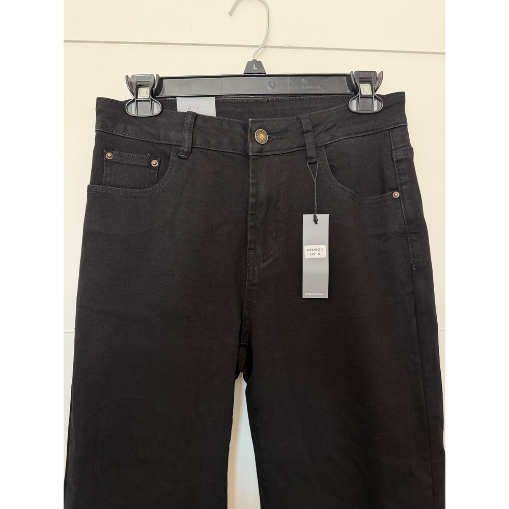 KDF Jeans Black Stretchy Denim Wide Leg Raw Hem Minimalist Cropped Fall US 6 - Picture 4 of 11
